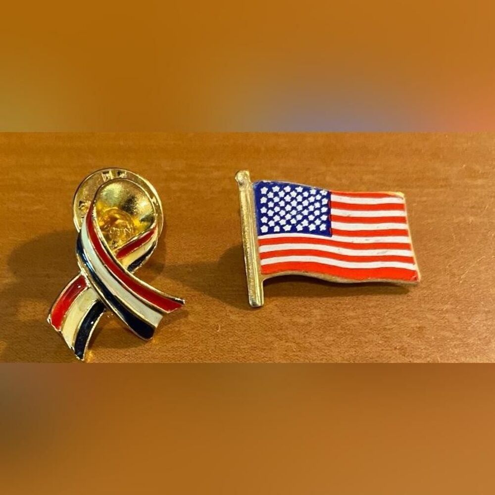 USA Flag & Ribbon Enamel Lapel Pins Patriotic Red White Blue Gold Tone Metal
